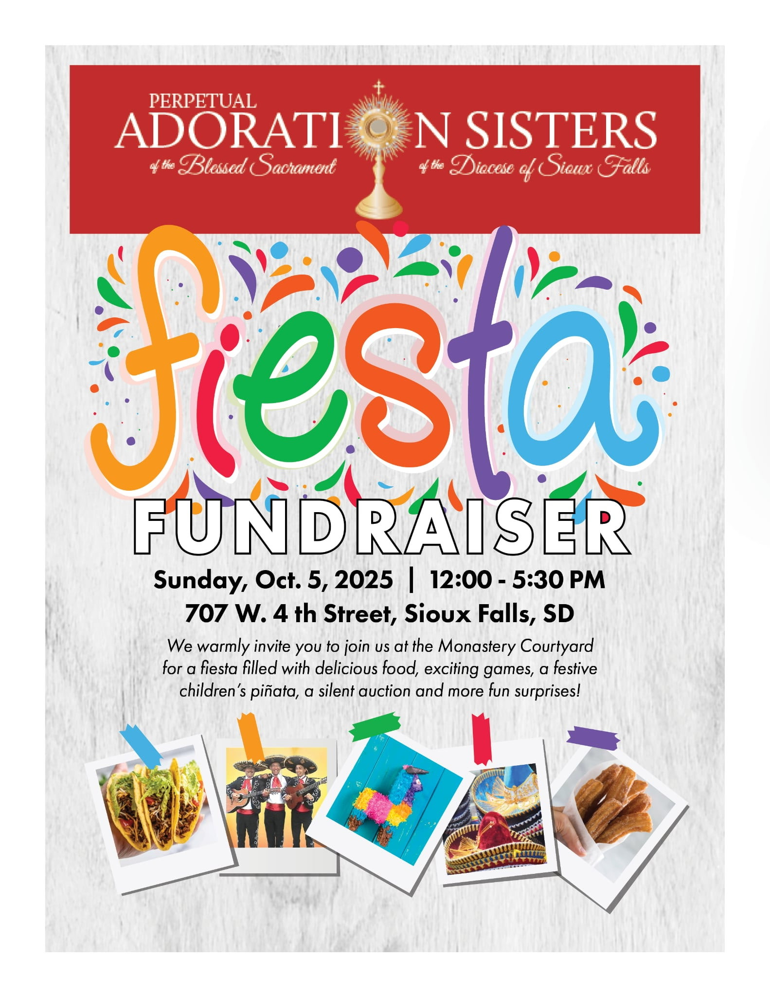 Perpetual Adoration Sisters Fiesta Fundraiser Flyer. Event is Sunday, October 5th, 2024, 1:00 - 5:30 PM, at 707 W. 4th Street Sioux Falls, SD.